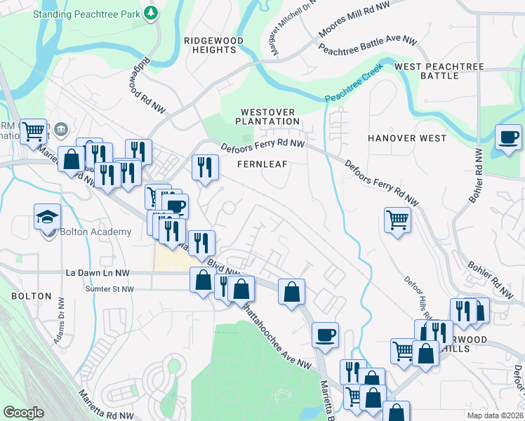 map of restaurants, bars, coffee shops, grocery stores, and more near 1208 Liberty Parkway Northwest in Atlanta
