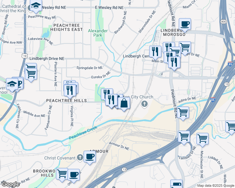 map of restaurants, bars, coffee shops, grocery stores, and more near 20 Palmour Drive in Atlanta