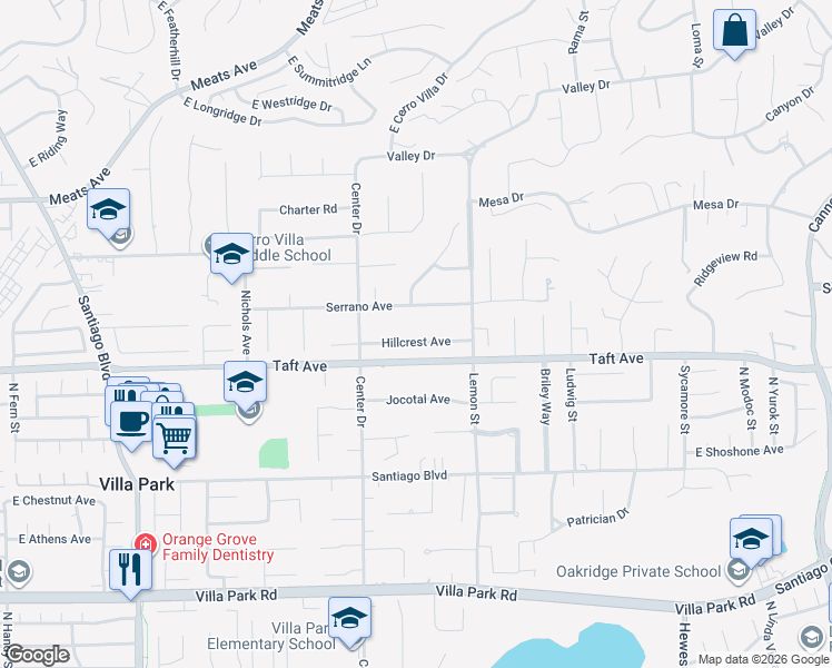 map of restaurants, bars, coffee shops, grocery stores, and more near 18411 Hillcrest Avenue in Villa Park