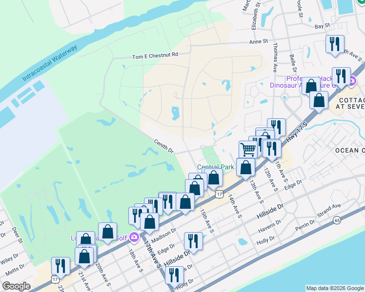 map of restaurants, bars, coffee shops, grocery stores, and more near 1101 Possum Trot Road in North Myrtle Beach