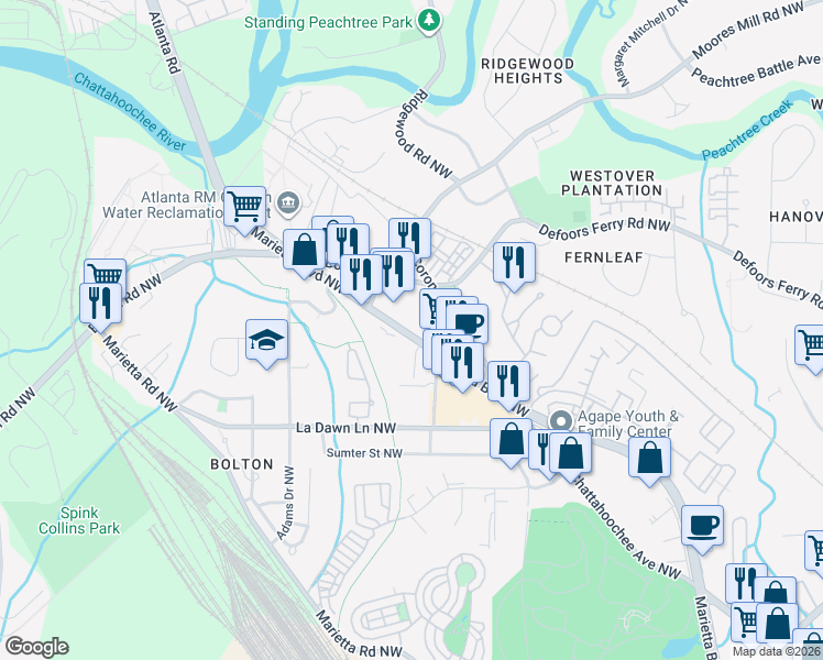 map of restaurants, bars, coffee shops, grocery stores, and more near 2265 Marietta Boulevard Northwest in Atlanta