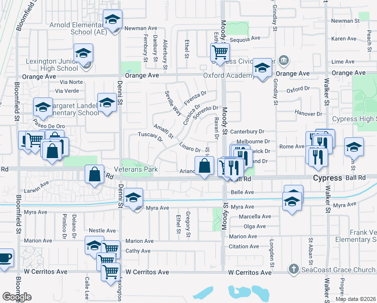 map of restaurants, bars, coffee shops, grocery stores, and more near 4804 Linaro Drive in Cypress