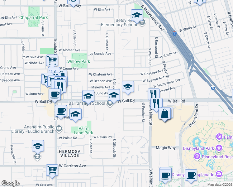 map of restaurants, bars, coffee shops, grocery stores, and more near 938 South Gilbuck Drive in Anaheim