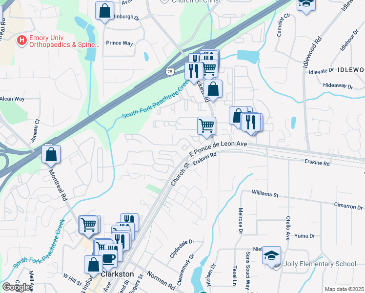 map of restaurants, bars, coffee shops, grocery stores, and more near 1356 Brockett Pl in Clarkston