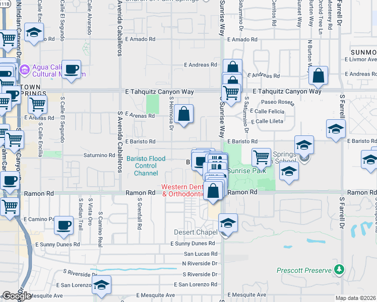 map of restaurants, bars, coffee shops, grocery stores, and more near 300 Tiffany Circle East in Palm Springs