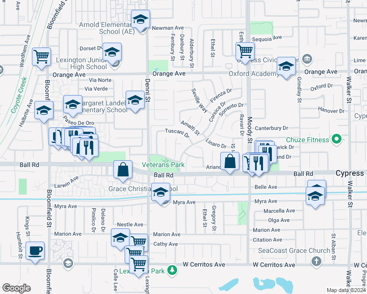 map of restaurants, bars, coffee shops, grocery stores, and more near 9860 Anzio Court in Cypress