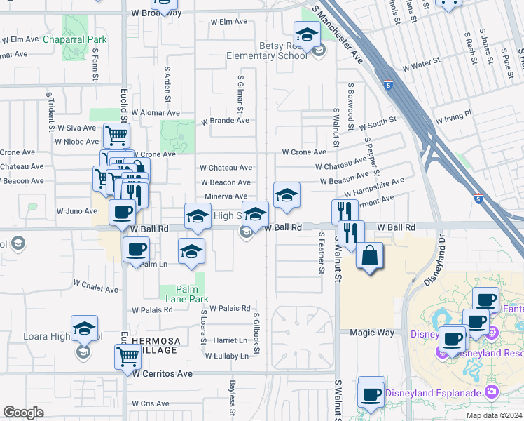 map of restaurants, bars, coffee shops, grocery stores, and more near 938 South Gilbuck Drive in Anaheim