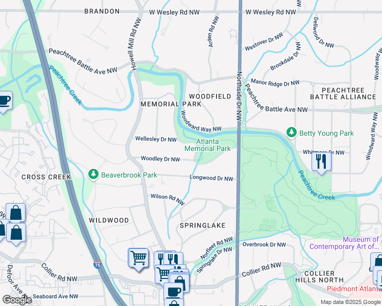 map of restaurants, bars, coffee shops, grocery stores, and more near 728 Wesley Dr NW in Atlanta