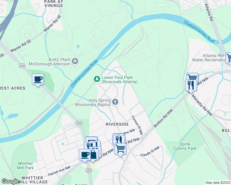 map of restaurants, bars, coffee shops, grocery stores, and more near 2320 Thomas Road Northwest in Atlanta