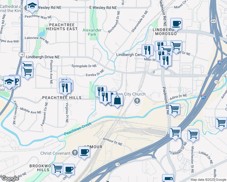 map of restaurants, bars, coffee shops, grocery stores, and more near 370 Peachtree Hills Avenue Northeast in Atlanta