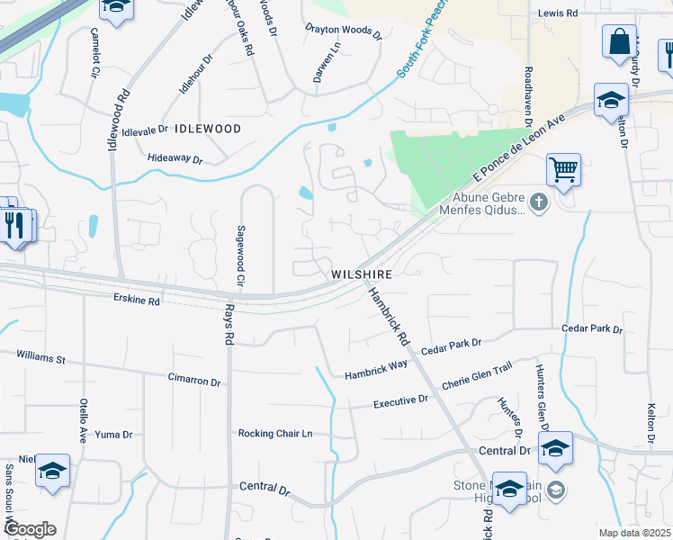 map of restaurants, bars, coffee shops, grocery stores, and more near 4321 Orchard Park Court in Stone Mountain