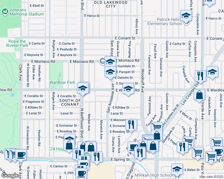 map of restaurants, bars, coffee shops, grocery stores, and more near E Wardlow Rd & San Anseline Ave in Long Beach