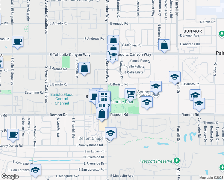 map of restaurants, bars, coffee shops, grocery stores, and more near 300 South Sunrise Way in Palm Springs