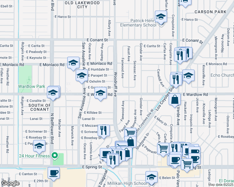 map of restaurants, bars, coffee shops, grocery stores, and more near Woodruff Ave & E Wardlow Rd in Long Beach