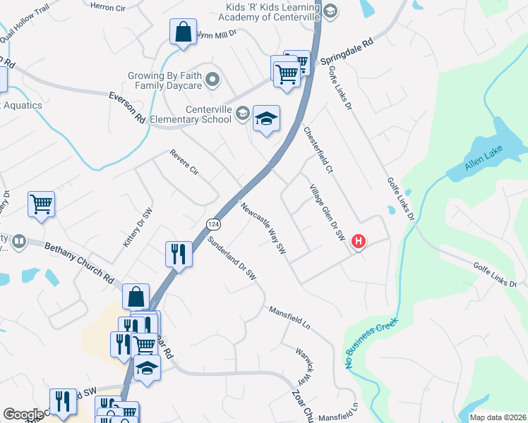 map of restaurants, bars, coffee shops, grocery stores, and more near 3184 Newcastle Way in Snellville