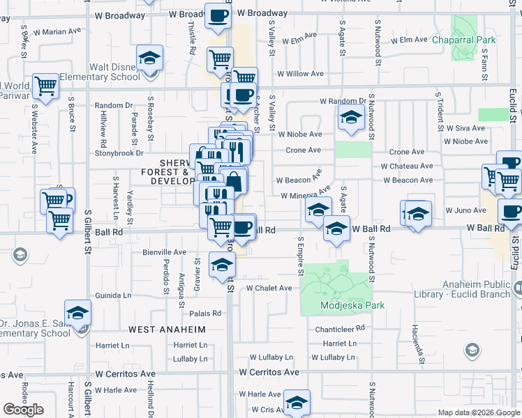map of restaurants, bars, coffee shops, grocery stores, and more near 2142 West Avon Circle in Anaheim