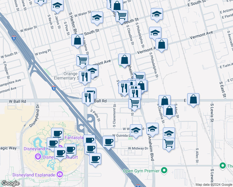 map of restaurants, bars, coffee shops, grocery stores, and more near 1122 South Cambridge Street in Anaheim