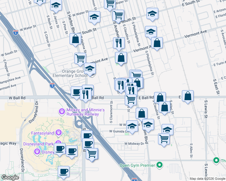 map of restaurants, bars, coffee shops, grocery stores, and more near 1122 South Cambridge Street in Anaheim