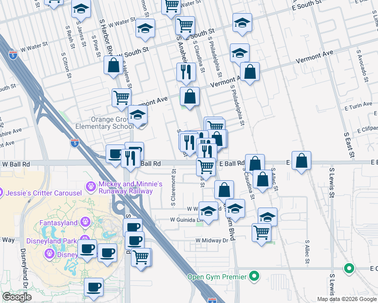 map of restaurants, bars, coffee shops, grocery stores, and more near 1123 South Lemon Street in Anaheim