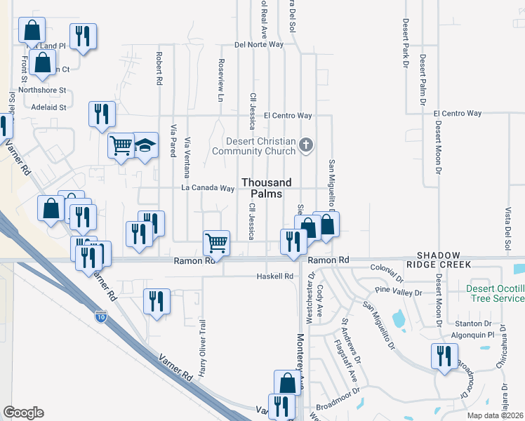 map of restaurants, bars, coffee shops, grocery stores, and more near 31623 Arbol Real Avenue in Thousand Palms