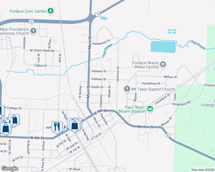 map of restaurants, bars, coffee shops, grocery stores, and more near 901 Meek Street in Fordyce