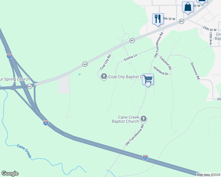 map of restaurants, bars, coffee shops, grocery stores, and more near 3302 Coal City Road in Jasper