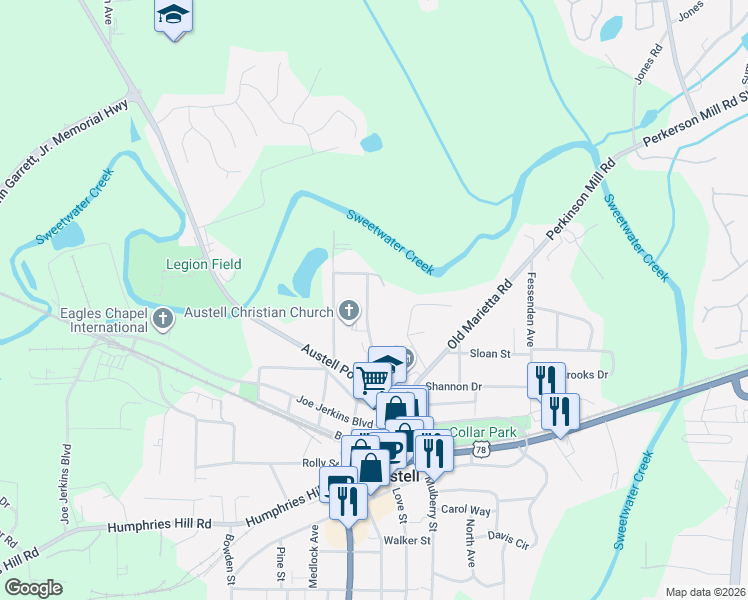 map of restaurants, bars, coffee shops, grocery stores, and more near 5570 Edith Street in Austell