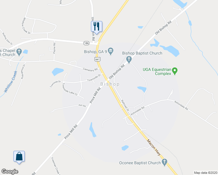 map of restaurants, bars, coffee shops, grocery stores, and more near 4961 Macon Highway in Bishop