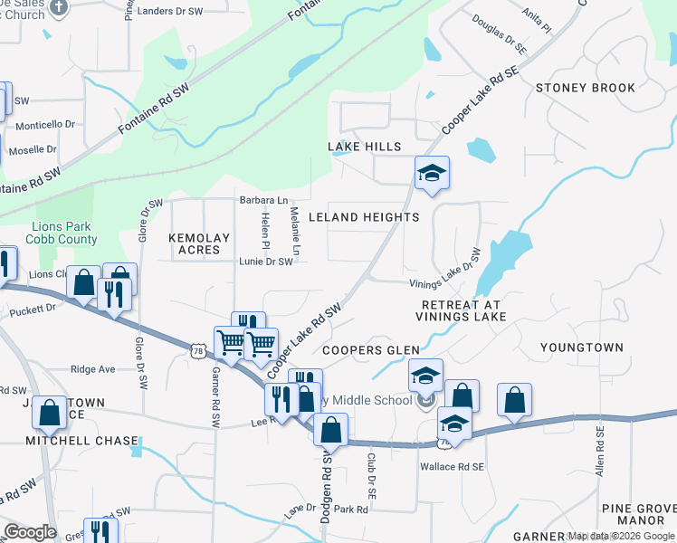 map of restaurants, bars, coffee shops, grocery stores, and more near 145 Morris Road Southwest in Mableton