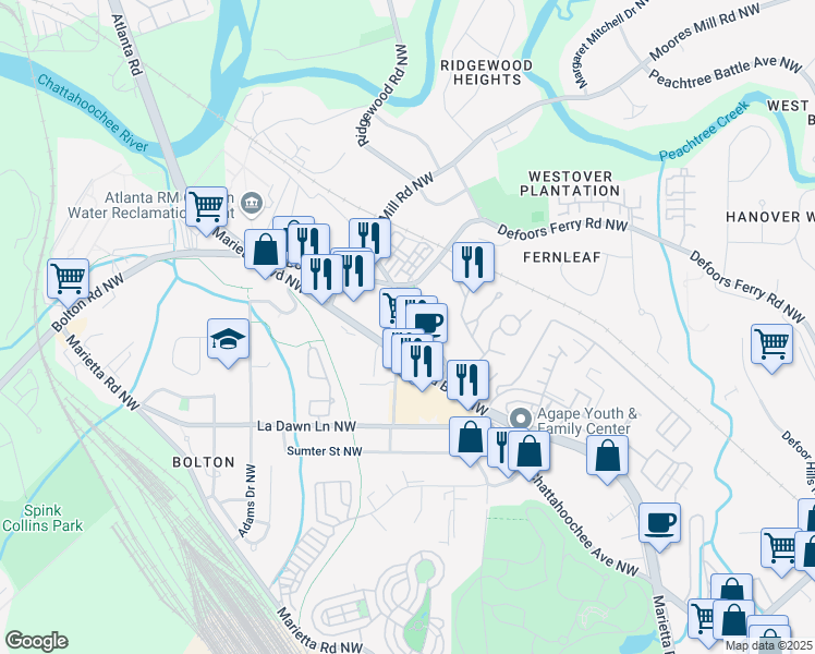 map of restaurants, bars, coffee shops, grocery stores, and more near 2358 Coronet Way Northwest in Atlanta