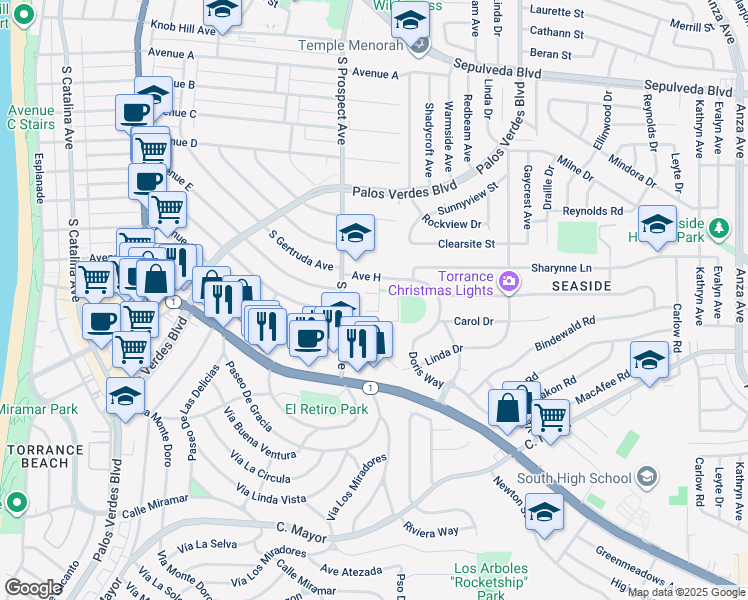 map of restaurants, bars, coffee shops, grocery stores, and more near 1700 Circle Drive in Redondo Beach