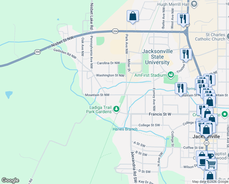 map of restaurants, bars, coffee shops, grocery stores, and more near 713 Mountain Street Northwest in Jacksonville