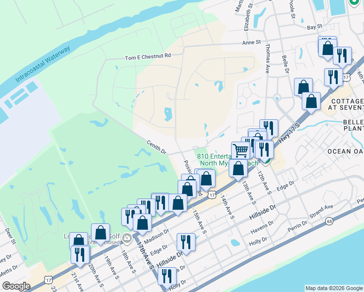 map of restaurants, bars, coffee shops, grocery stores, and more near 1010 Possum Trot Road in North Myrtle Beach