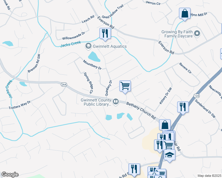 map of restaurants, bars, coffee shops, grocery stores, and more near 3857 Trenton Drive in Snellville