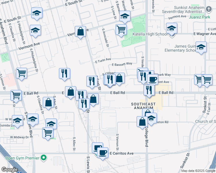 map of restaurants, bars, coffee shops, grocery stores, and more near 1153 South Dover Circle in Anaheim