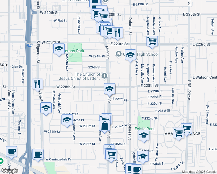 map of restaurants, bars, coffee shops, grocery stores, and more near Main Street & West 228th Street in Carson