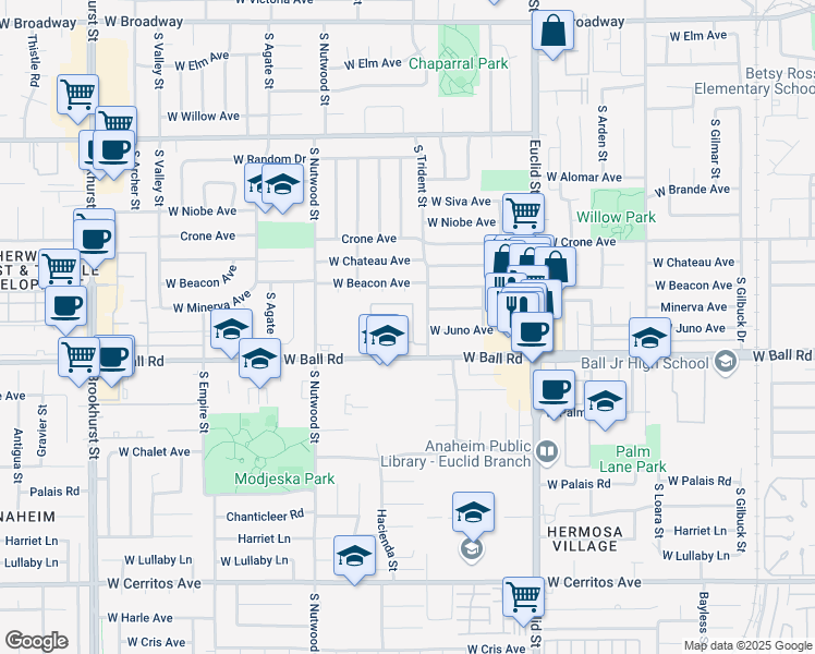 map of restaurants, bars, coffee shops, grocery stores, and more near 916 South Park Circle in Anaheim