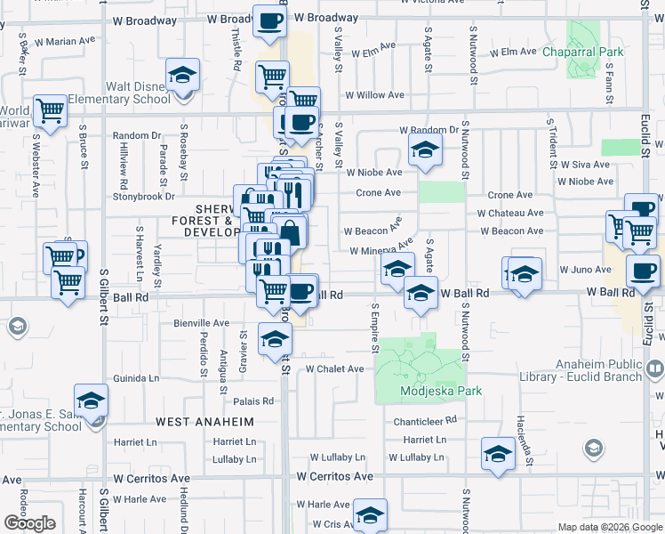 map of restaurants, bars, coffee shops, grocery stores, and more near 2142 West Avon Circle in Anaheim