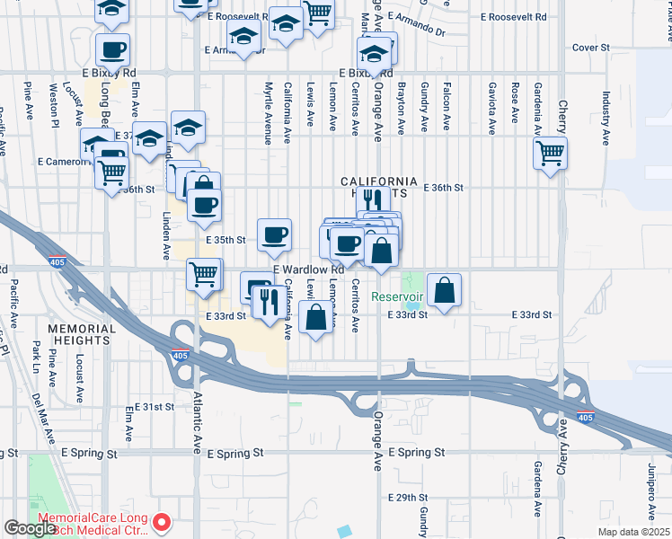map of restaurants, bars, coffee shops, grocery stores, and more near 1079 East Wardlow Road in Long Beach