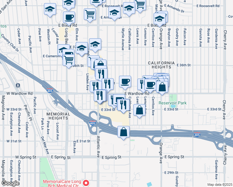 map of restaurants, bars, coffee shops, grocery stores, and more near 845 East Wardlow Road in Long Beach