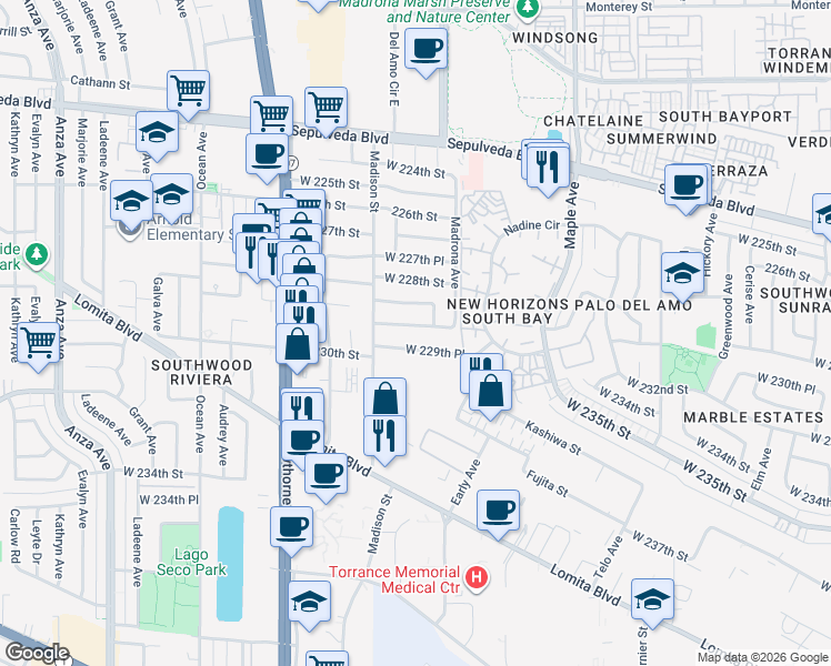 map of restaurants, bars, coffee shops, grocery stores, and more near 3420 West 229th Street in Torrance
