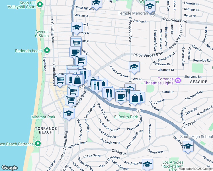 map of restaurants, bars, coffee shops, grocery stores, and more near 430 Avenue F in Redondo Beach