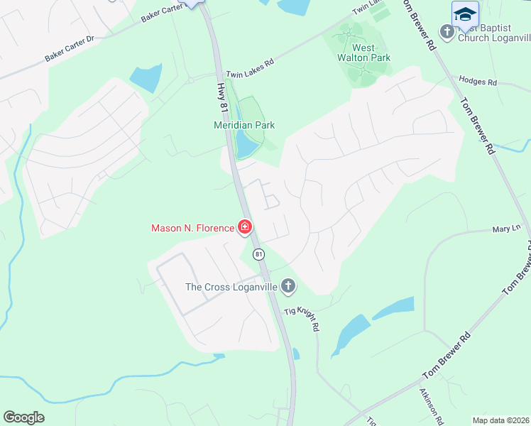 map of restaurants, bars, coffee shops, grocery stores, and more near 453 Tara Commons Circle in Loganville