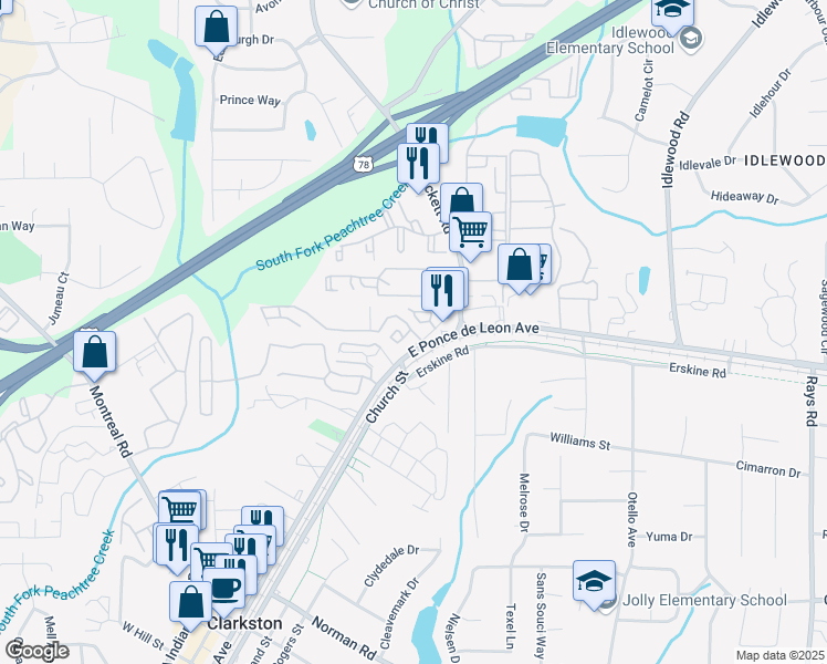 map of restaurants, bars, coffee shops, grocery stores, and more near 3704 Prescott Ridge Circle in Clarkston