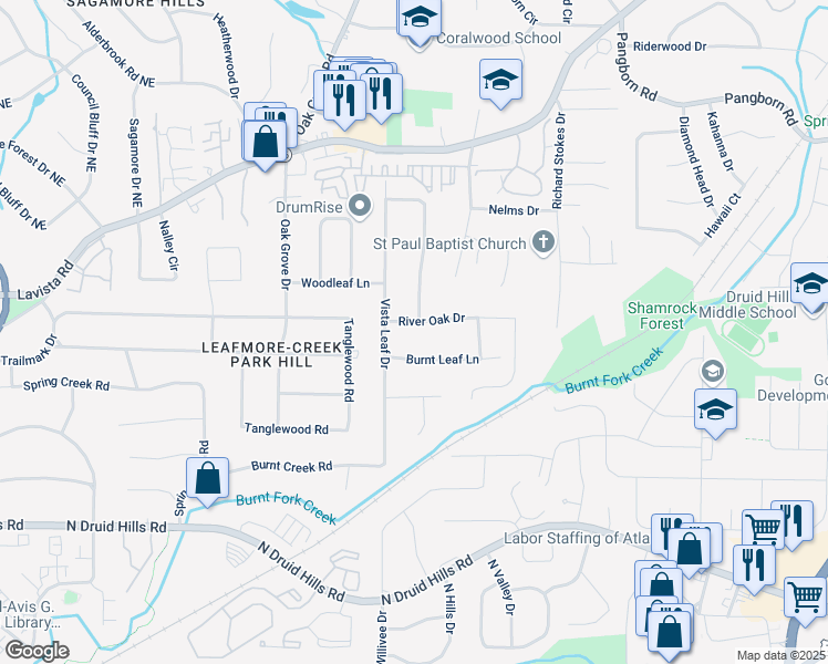 map of restaurants, bars, coffee shops, grocery stores, and more near 2469 River Oak Drive in Decatur