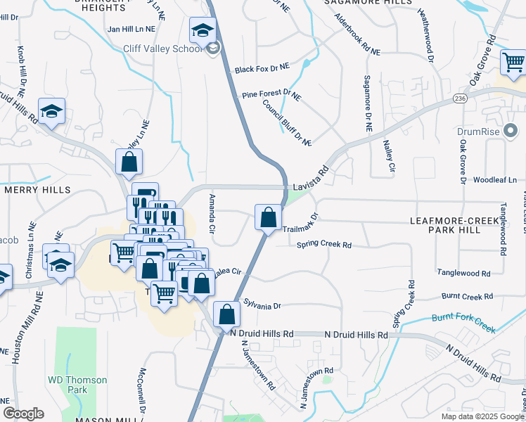 map of restaurants, bars, coffee shops, grocery stores, and more near 2044 Wilandrew Drive in Decatur