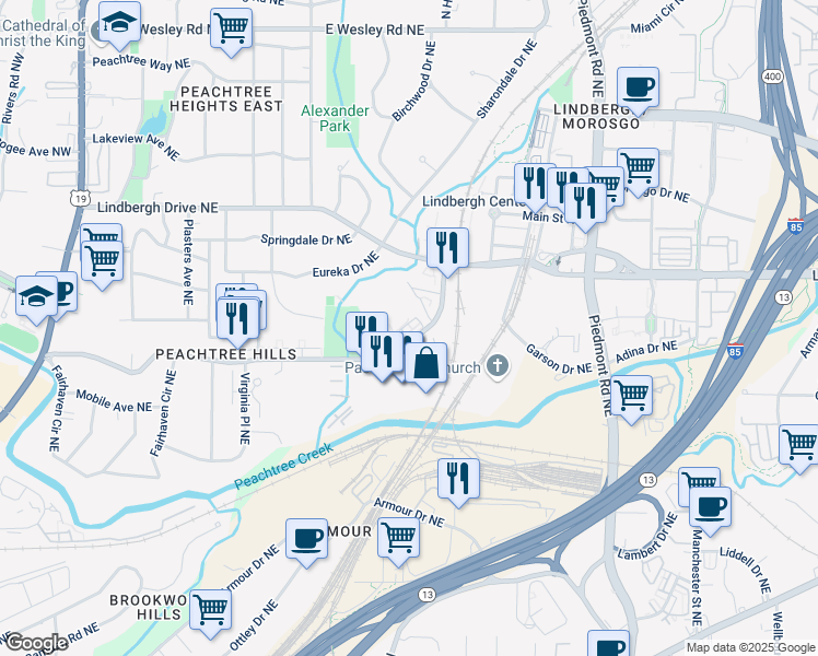 map of restaurants, bars, coffee shops, grocery stores, and more near 20 Palmour Drive in Atlanta