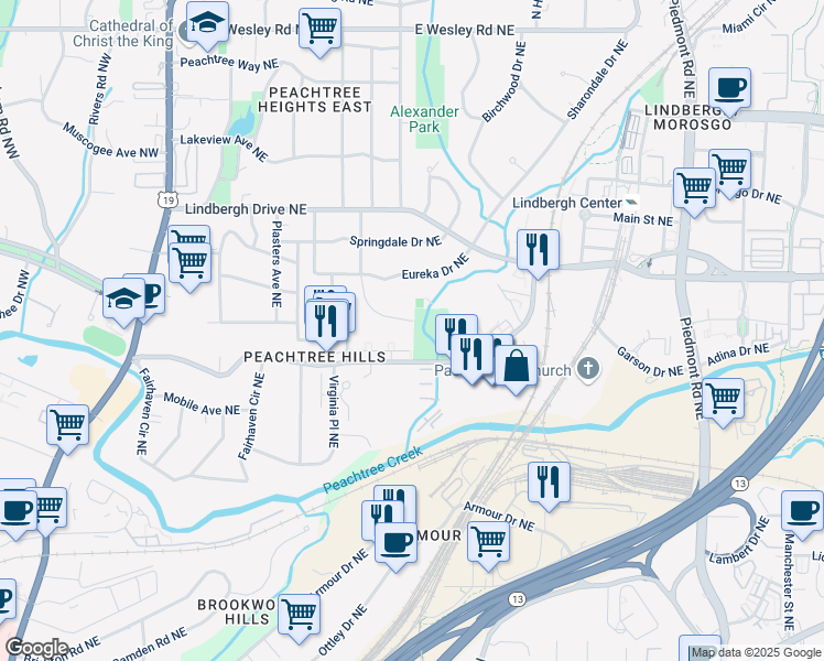 map of restaurants, bars, coffee shops, grocery stores, and more near 2316 Hurst Drive Northeast in Atlanta