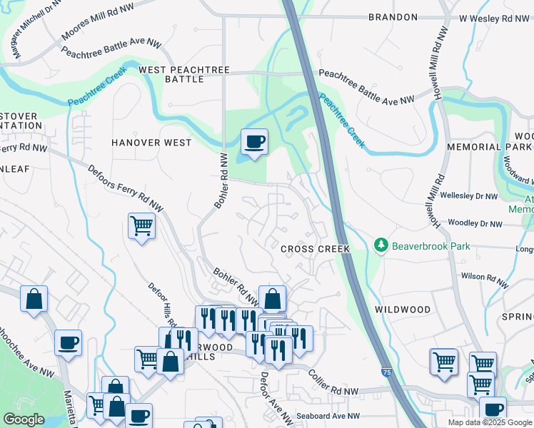 map of restaurants, bars, coffee shops, grocery stores, and more near 28 Glenald Way Northwest in Atlanta
