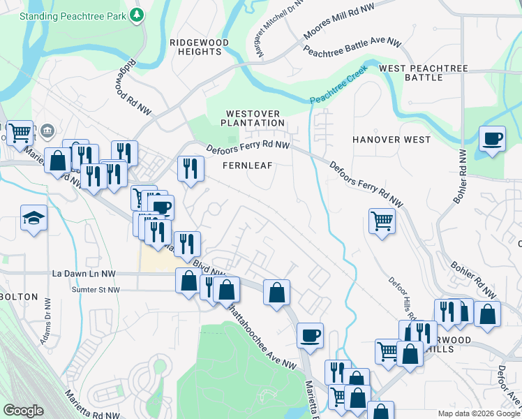 map of restaurants, bars, coffee shops, grocery stores, and more near 1325 Liberty Parkway Northwest in Atlanta